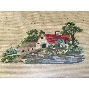 Vintage Needlepoint Country Cottage Framed 9-3/4” x 12-3/4"
